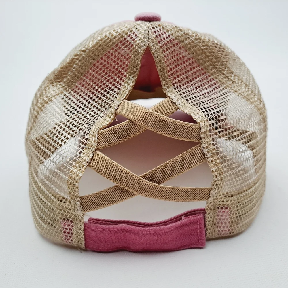Ponytail Criss-cross Mesh Trucker Women's Cap Hat Distressed Pink